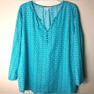 Anthropologies Hester&Orchard Light Teal/Aqua Patterned w/White Women's Blouse